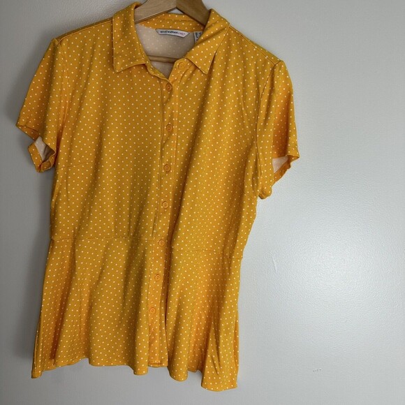 Isaac Mozarabic Live! Womens L Button Down Yellow Polka Dotted Peplum Top - Picture 1 of 9